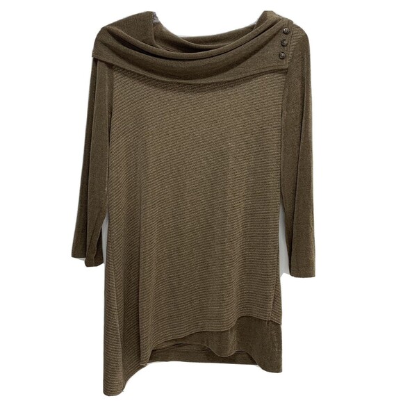 Chicos Travelers Womens Slinky Knit Brown Gold Ribbed Asymmetric Hem Top Sz 0 S - Picture 1 of 10